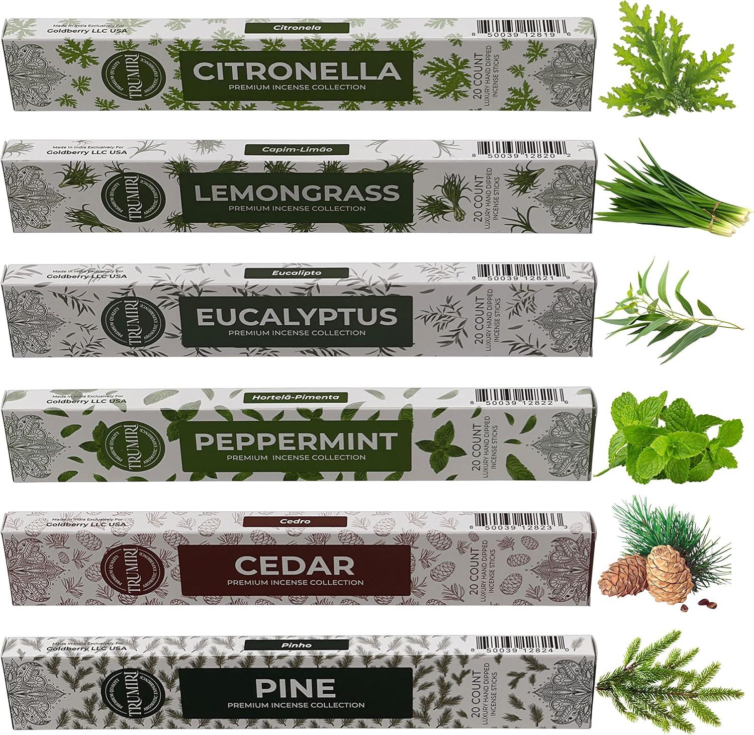 Trumiri Leafy Incense Sticks Variety Pack & Incense Burner - Gift Set - 120 Incents (6 fragrances x 20 pieces each) - Citronella, Lemongrass, Eucalyptus, Peppermint, Pine, Cedar