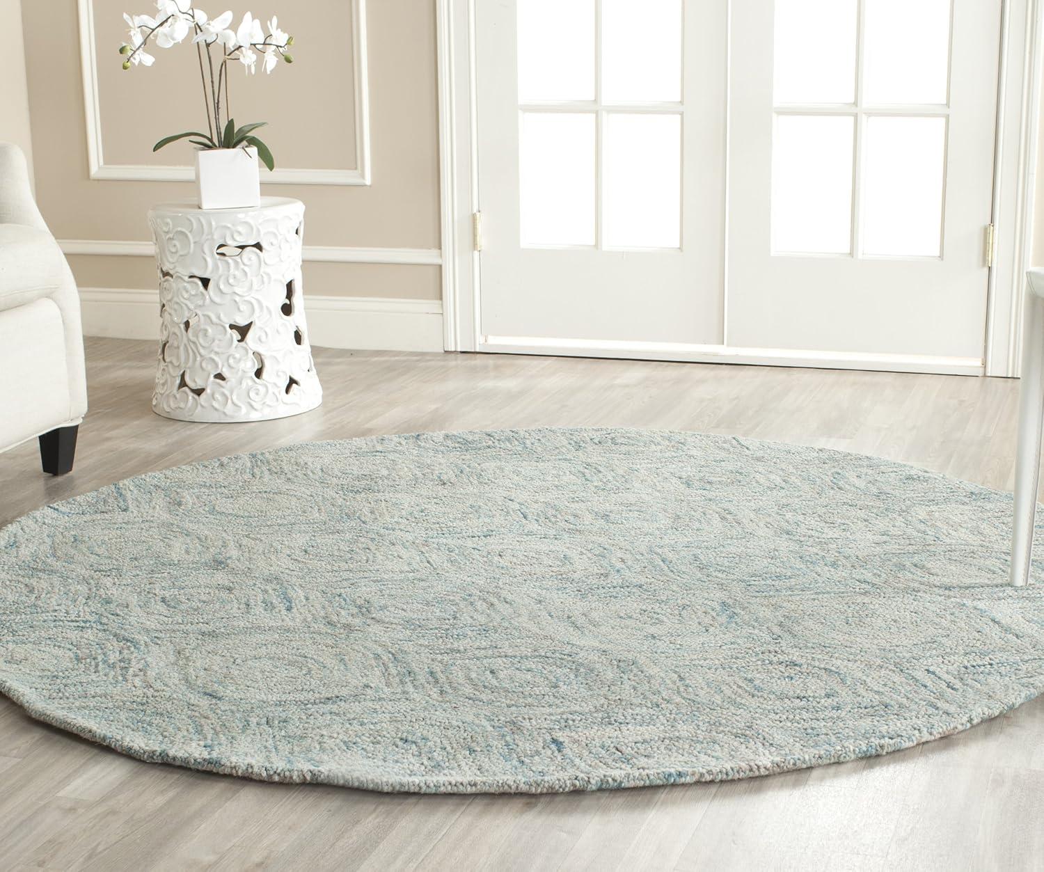 Ivory and Sea Blue Round Wool Geometric Area Rug, 6 ft.