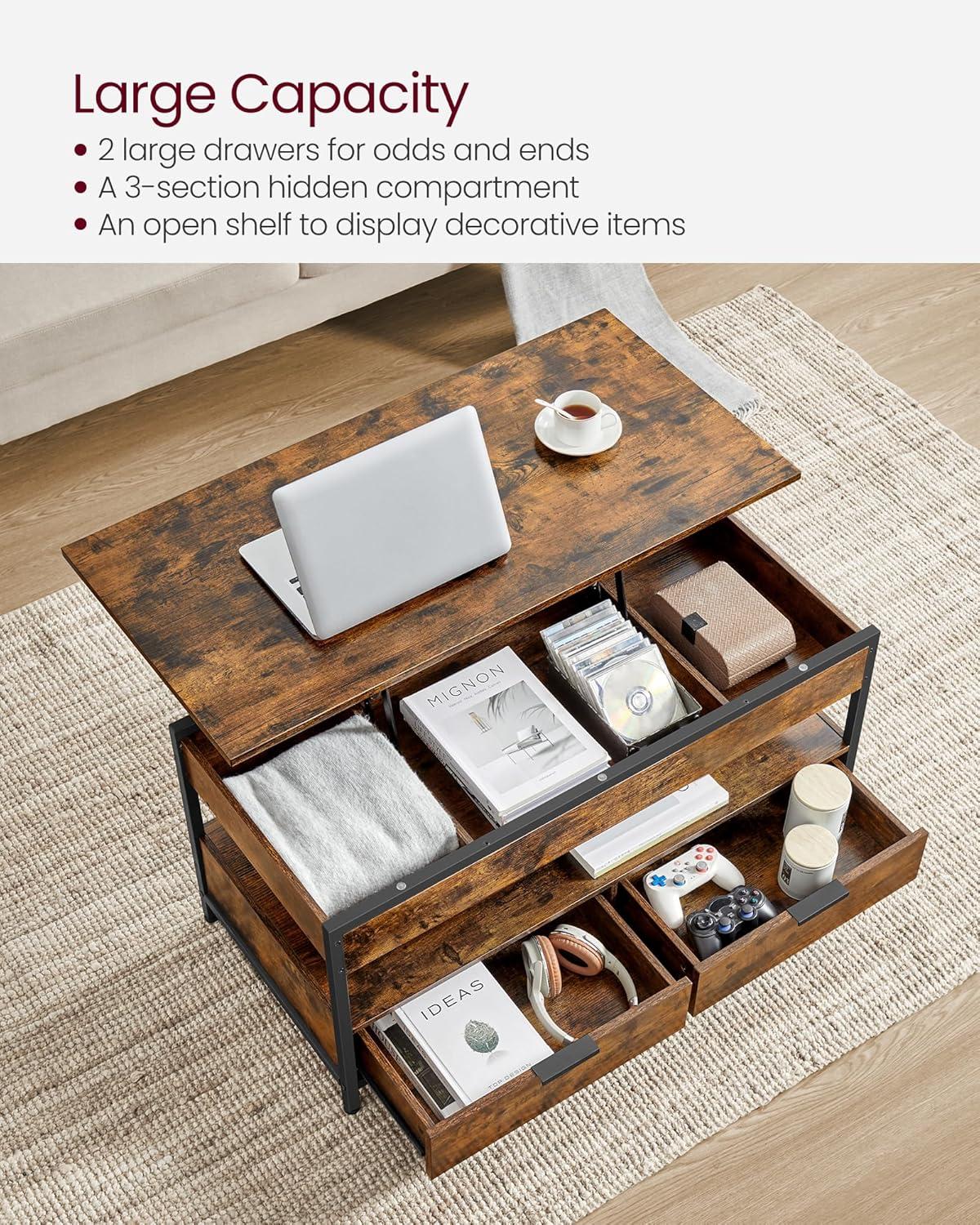 VASAGLE Lift Top Coffee Table with Storage Drawers, Coffee Table for Living Room with Lifting Top, Hidden Compartments and Open Shelf, Rustic Brown and Ink Black ULCT209K01