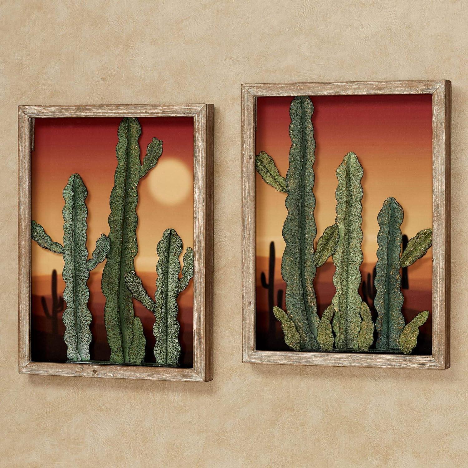 Desert at Sunset Southwest Cactus Wall Art Set of Two, 3D Metal Cacti in Front of Majestic Desert Print, Each Panel is 21 by 16 Inches, 2 Inch Depth Set of 2