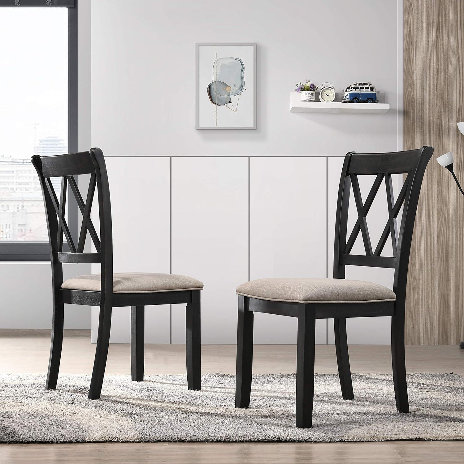 Cross-Back Black Wood and Linen Upholstered Side Chair Set