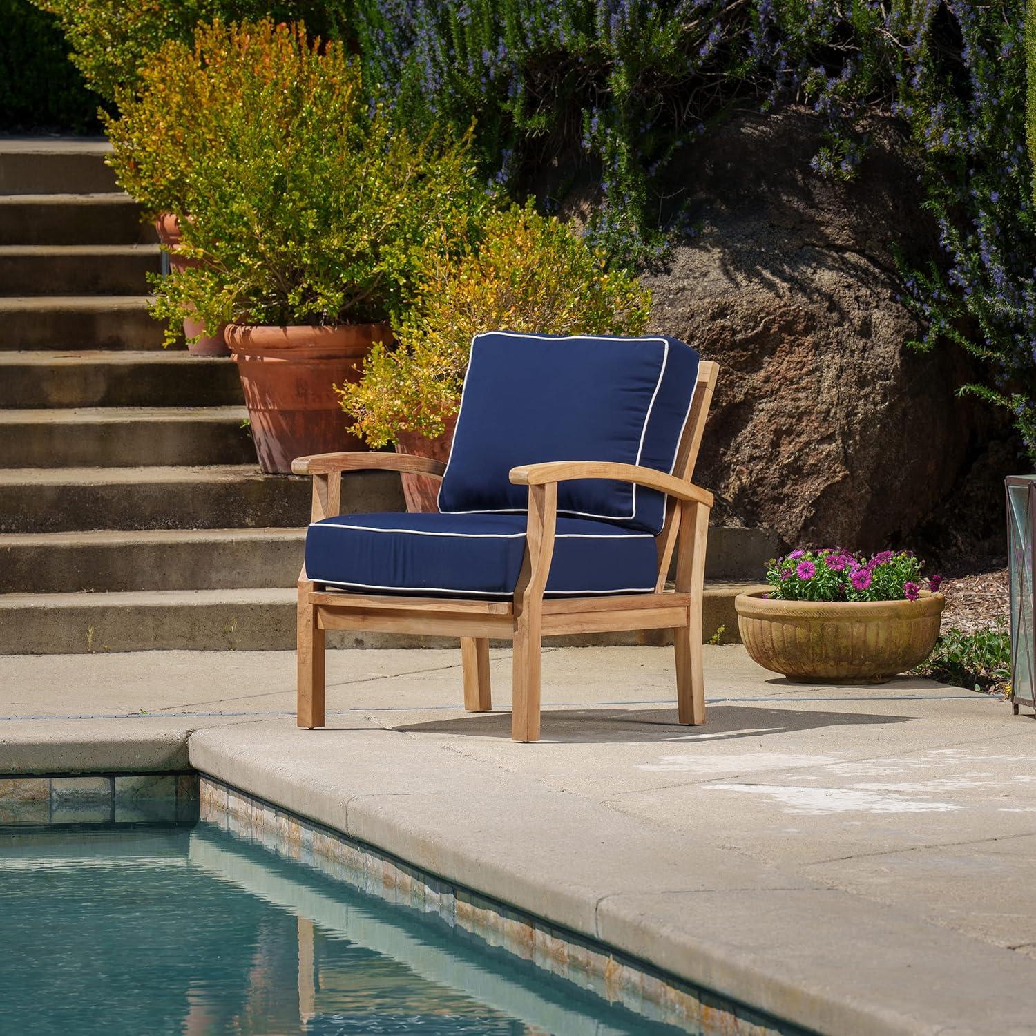 Jakarta Teak 4 Piece Club Chair and Ottoman Set with 2 Club Chairs and 2 Ottomans, Navy Cushions