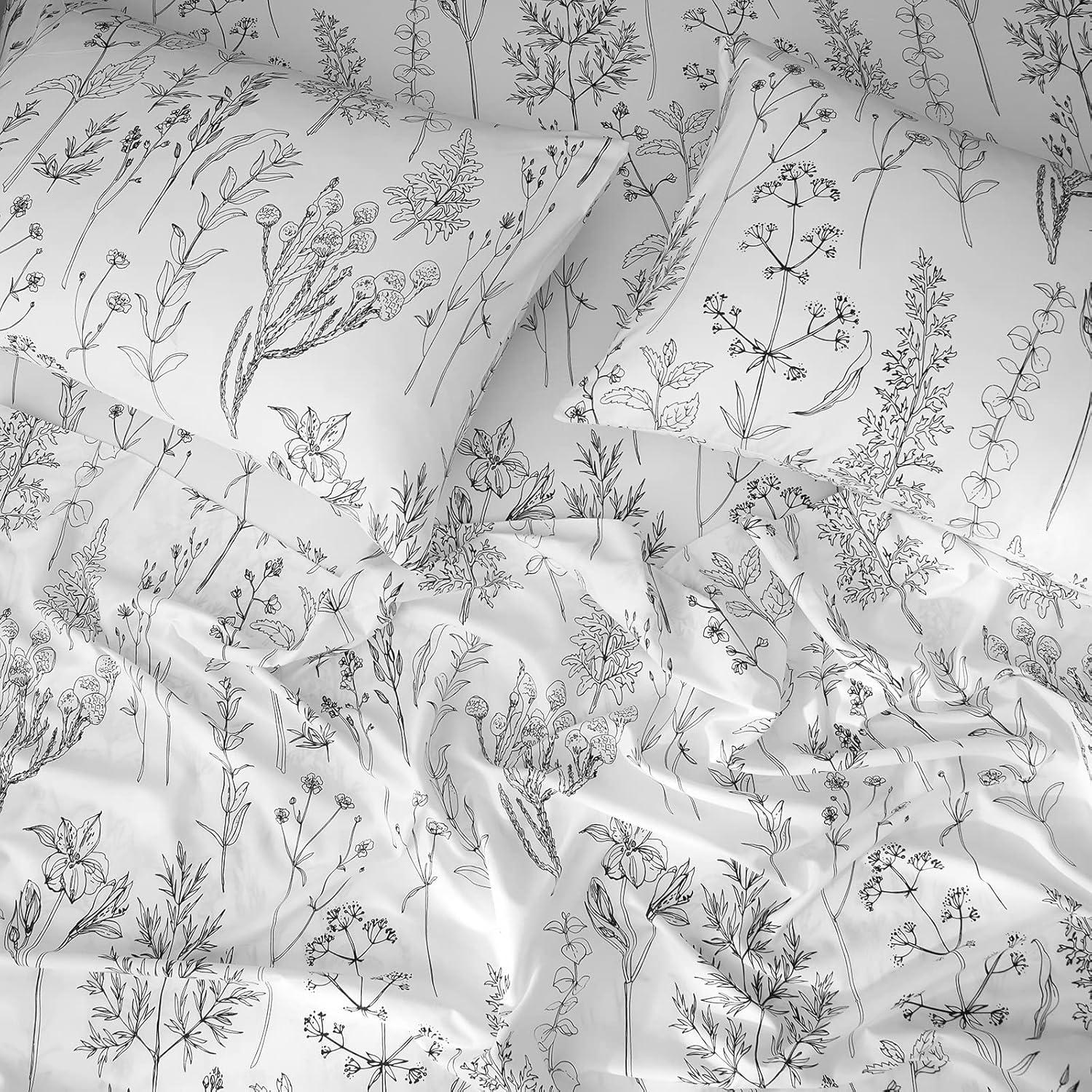 Black and White Floral Microfiber Queen Sheet Set with Deep Pockets