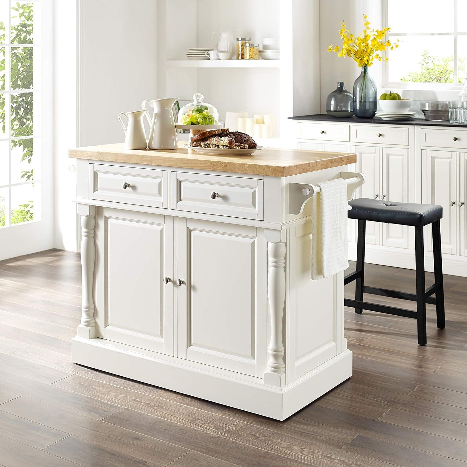Oxford Kitchen Island with 2 Upholstered Saddle Stools Black - Crosley: Pass-Through Storage, Towel Bars, Wood Veneer