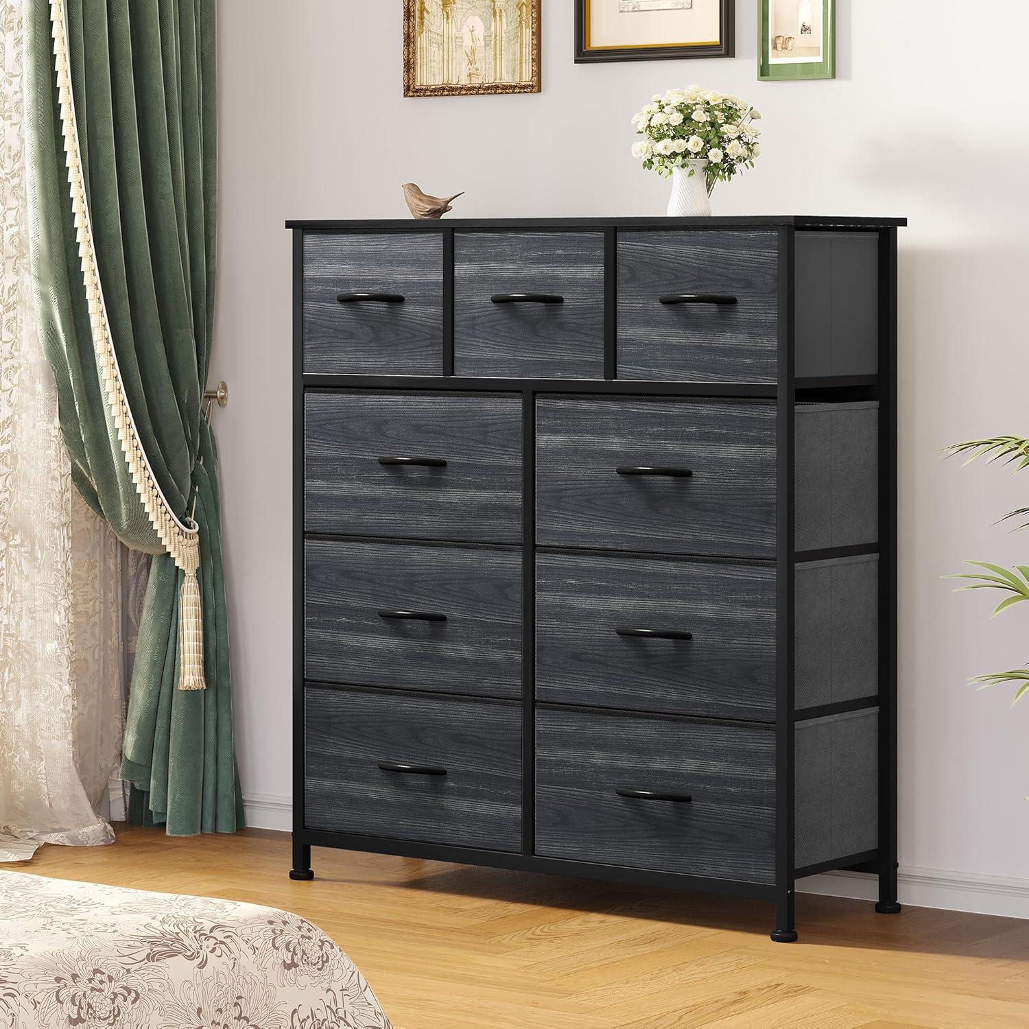 SYTHERS Dresser for Bedroom with 9 Drawers, Fabric Dresser Storage Organizer Unit with Fabric Bins, Fabric Dresser for Living Room, Closet, Hallway, Dark Gray