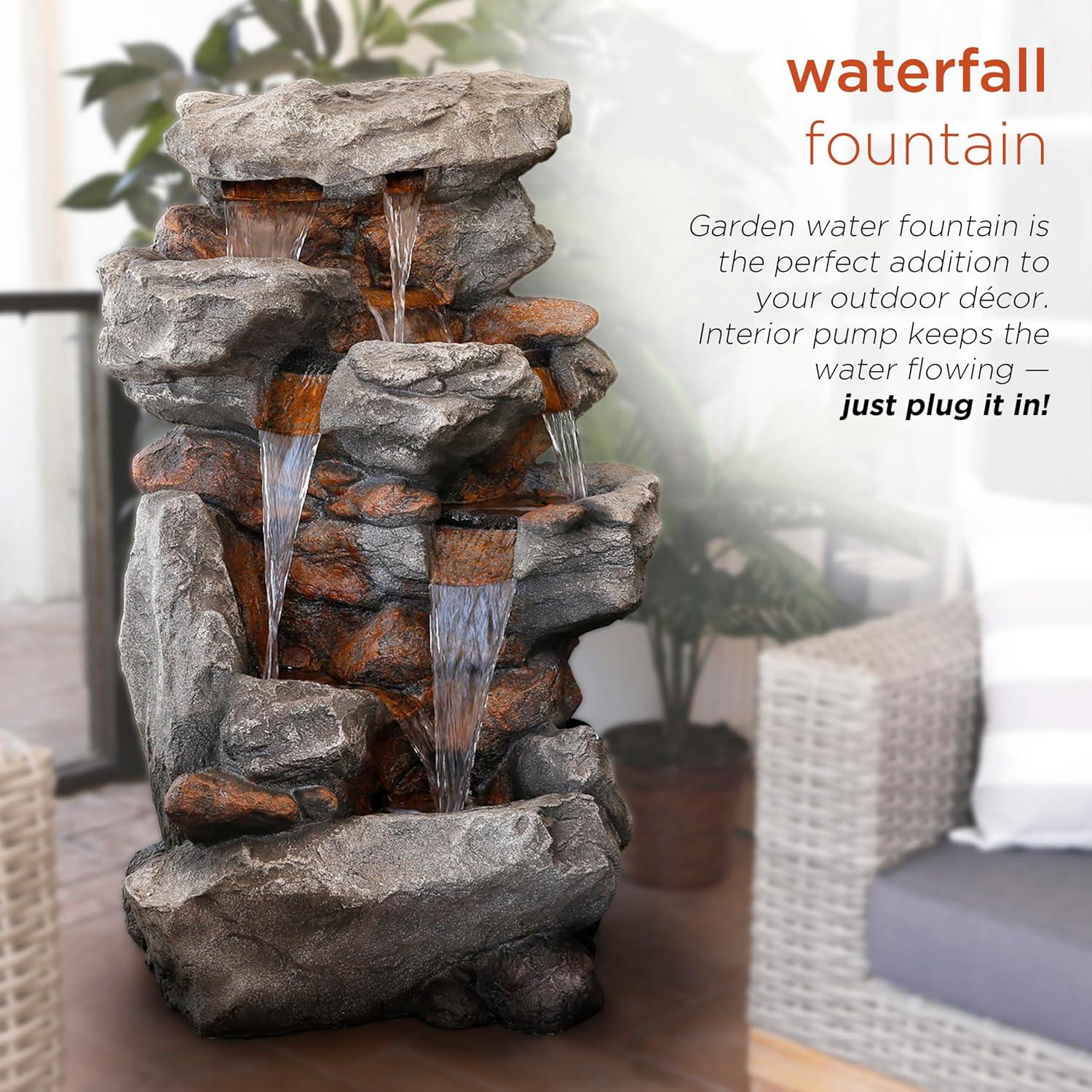 52" Resin Rainforest Rock Tiered Fountain with LED Lights Bronze - Alpine Corporation: Outdoor Garden Decor, Weatherproof