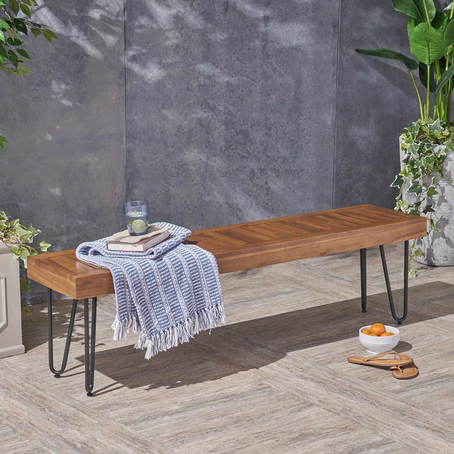 GDF Studio Abbet Outdoor Industrial Wood and Metal Bench, Teak