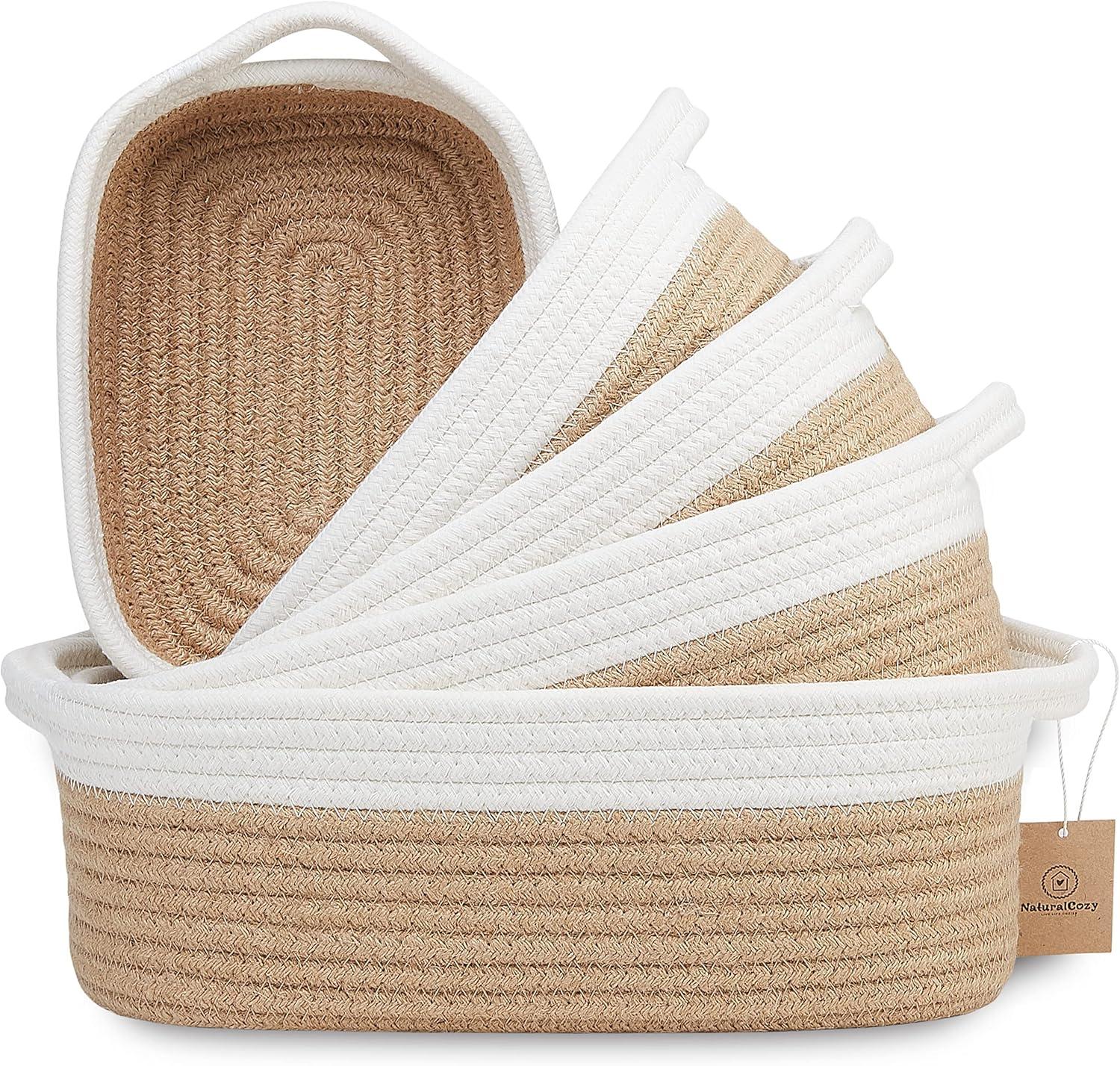 5-Piece Rectangle Storage Basket Set- Natural Cotton Rope Woven Baskets for Organizing! Small Basket for Montessori, Baby Nursery, Dog Toy Baskets, Cat Toy Box, Bathroom Organization Bin