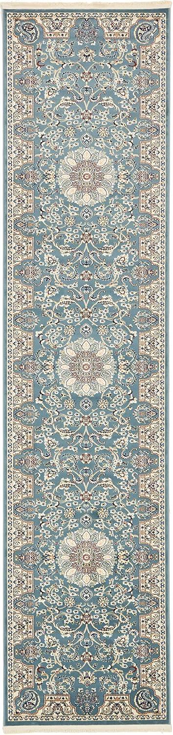 Blue Floral Synthetic Stain-Resistant Runner Rug