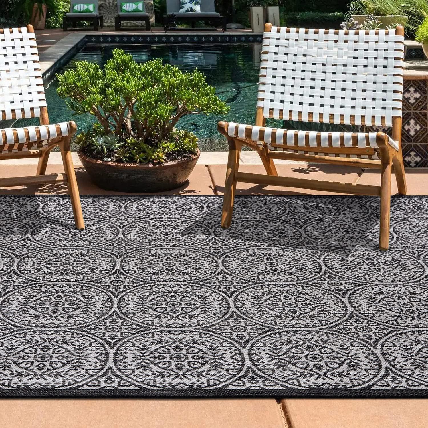 World Rug Gallery Transitional Floral Circles Textured Flat Weave Indoor/Outdoor Area Rug - BLACK 7'10"X10'