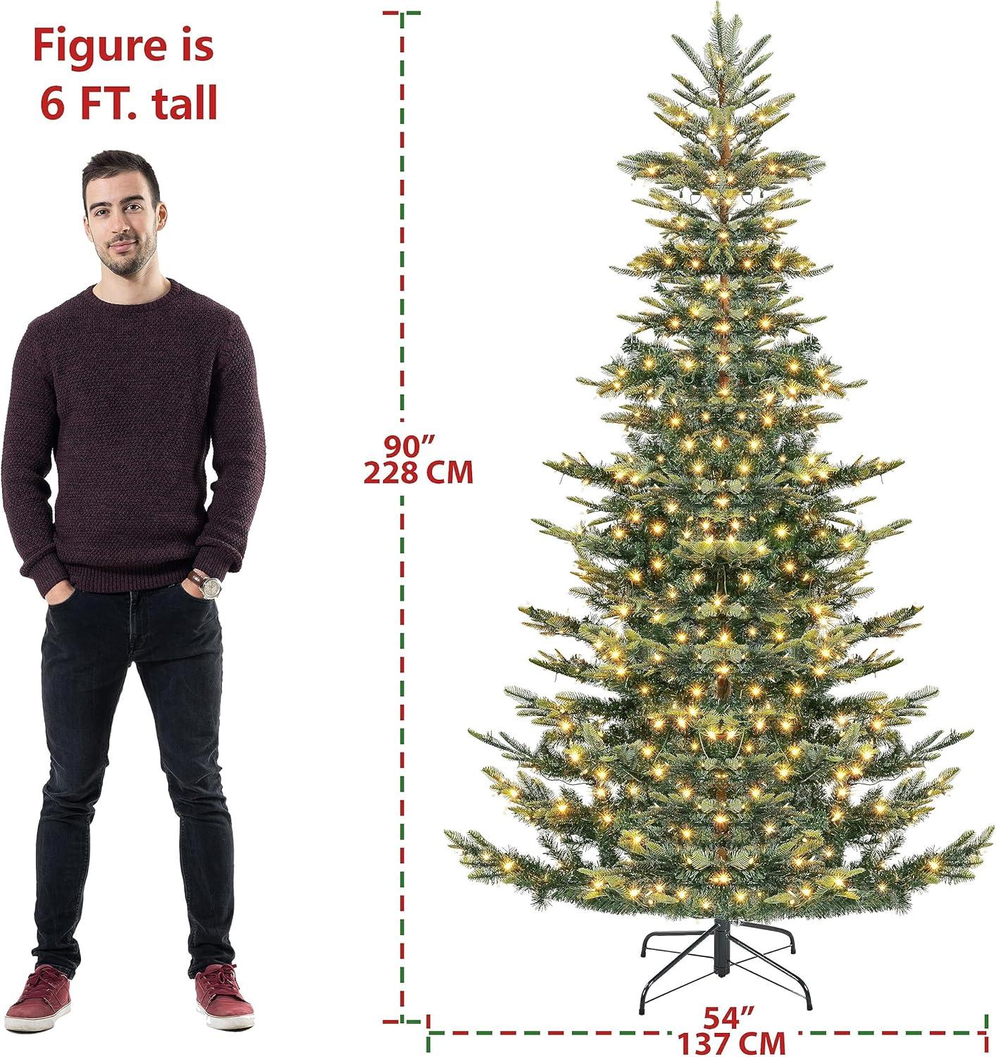 Leeheeyee 7.5Foot Pre-Lit Slim Artificial Christmas Tree，Metal Hinge Xmas Aspen Fir Tree with Warm White LED Lights and Stand, Prelit Foldable Fake Tree for Home Decoration