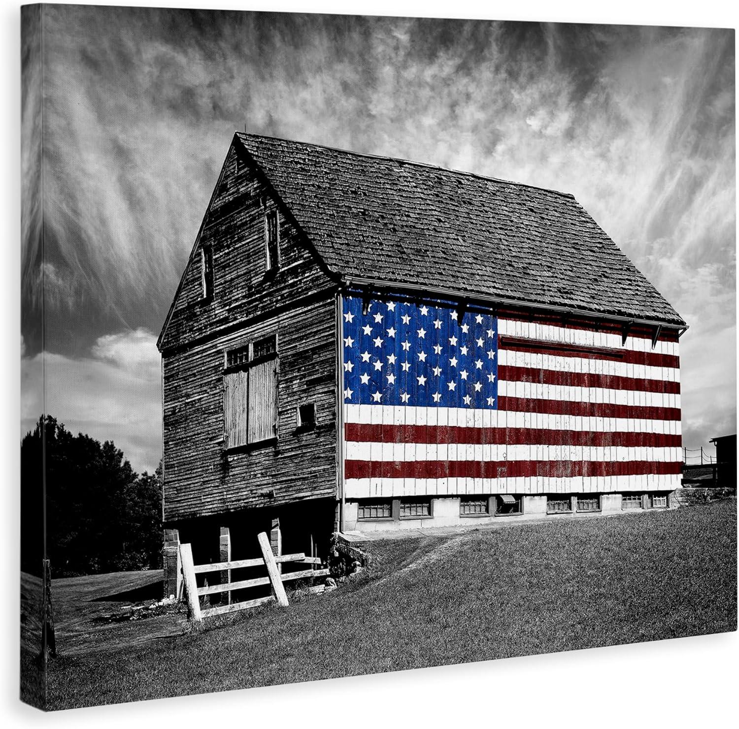 Black and White Farmhouse Barn American Flag Canvas Wall Art