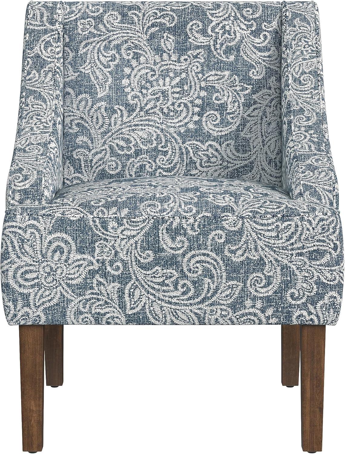 Blue Denim Jacobean Print Swoop Arm Accent Chair with Wood Legs