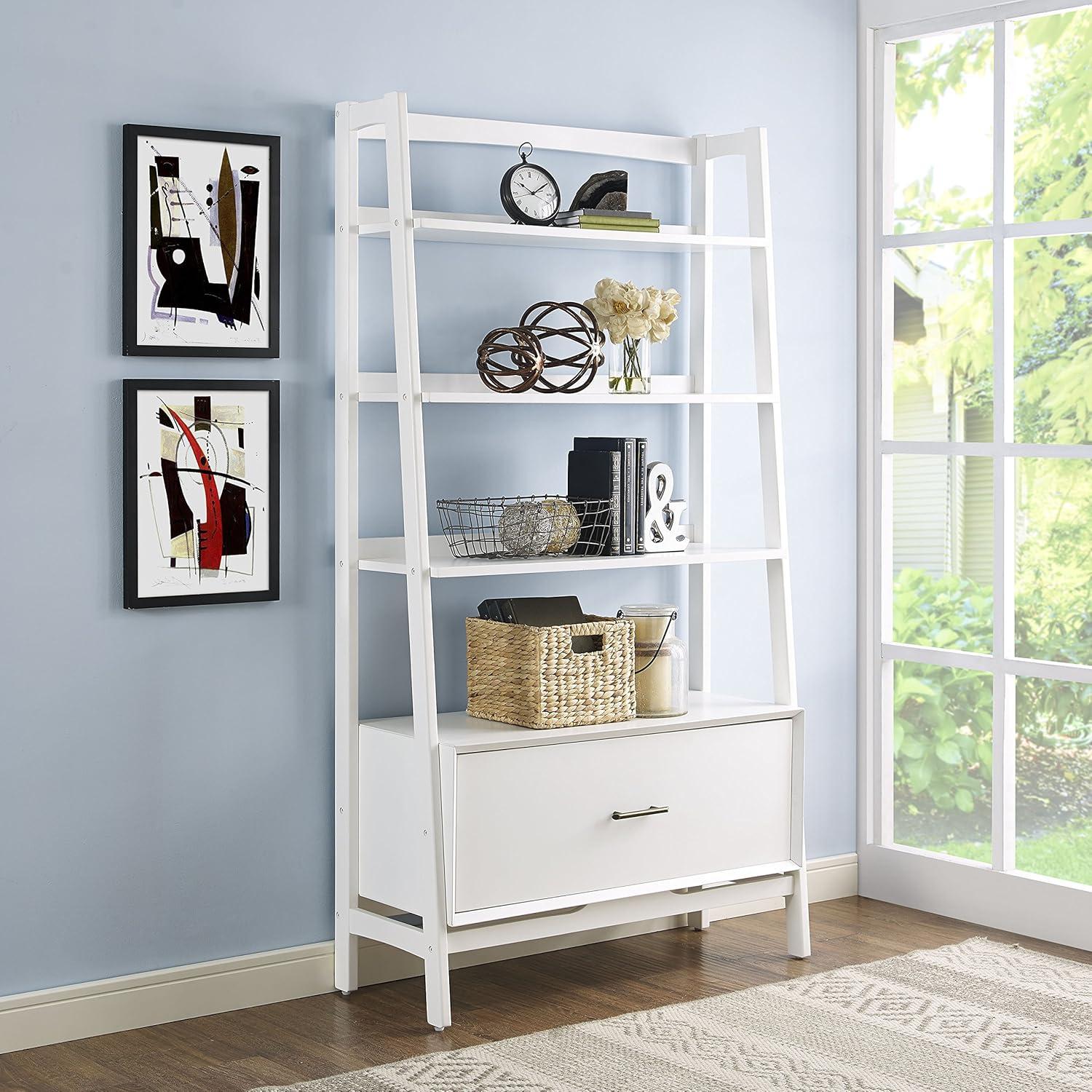 Mid-Century Modern White Wood Large Etagere Bookcase