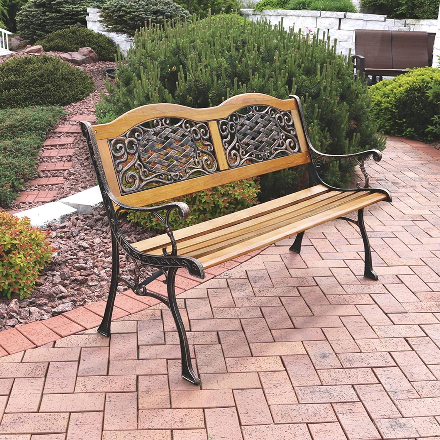 Sunnydaze 49" Black Cast Iron and Wood Outdoor Bench