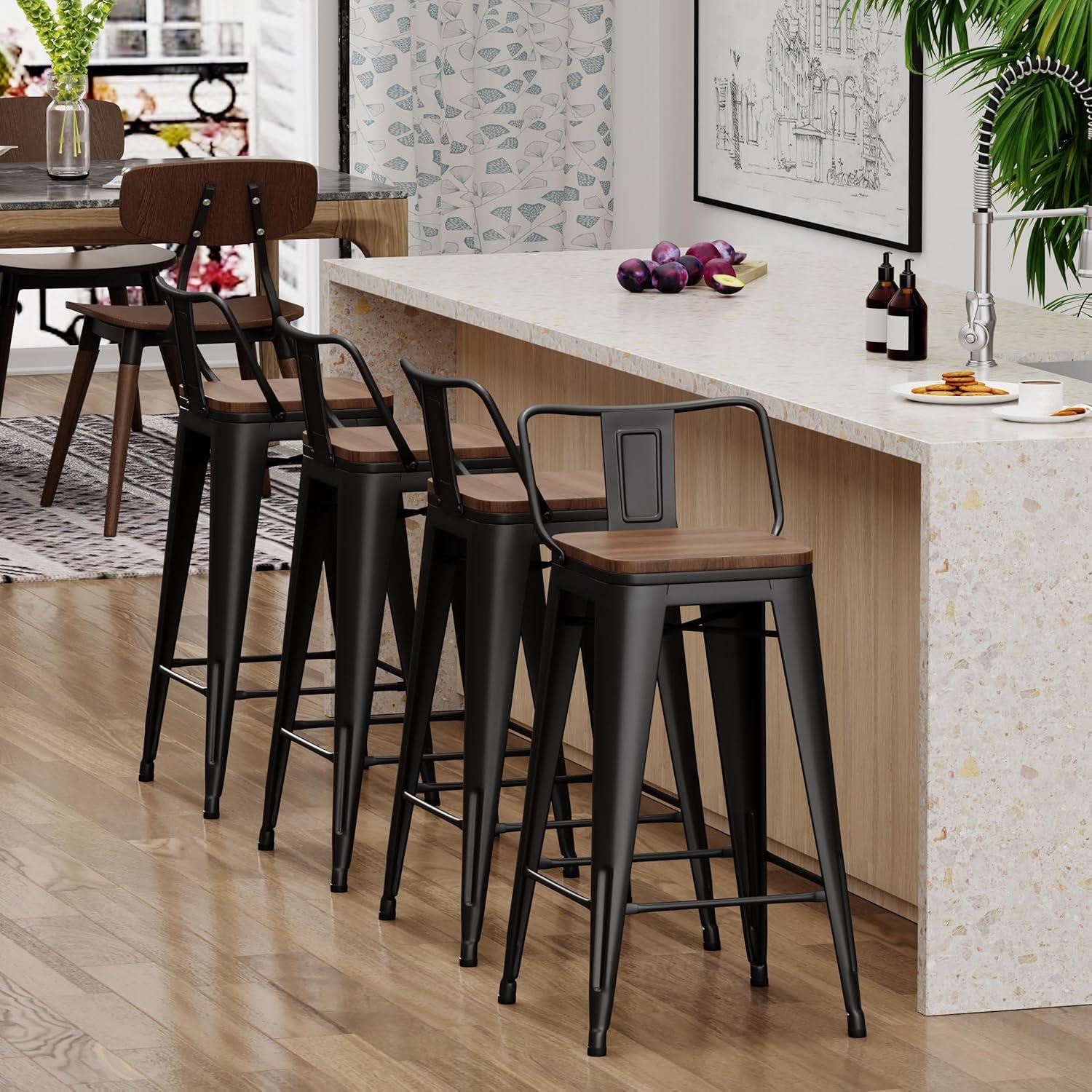 Killeryuki 24'' Metal Bar Stool 4PCS Low Back Conuter Stools for Indoor/Outdoor Barstools Metal Black Stools Bar Chairs w/Wooden Seat Metal Leg Industrial Counter Height Stools Black