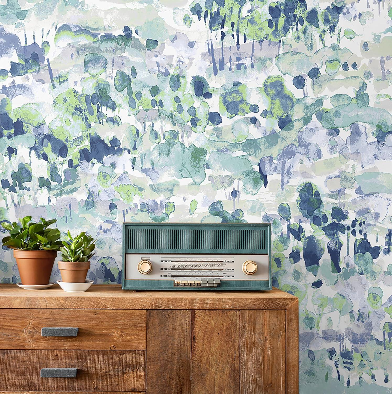 Seaglass Blue Abstract Watercolor Peel and Stick Wallpaper