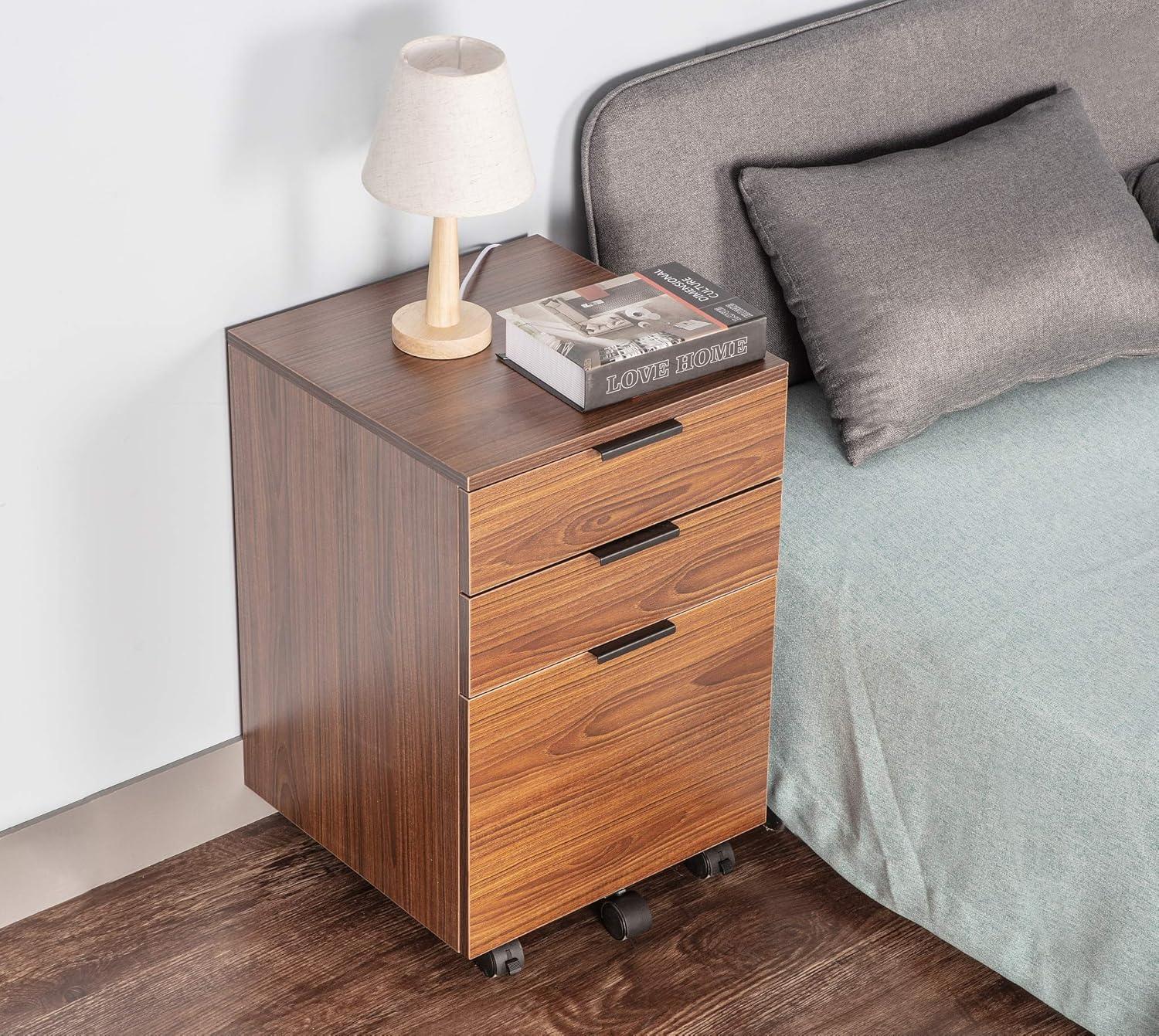 JJS  3 Drawer Rolling Wood File Cabinet with Locking Wheels for A4 or Letter Size Brown