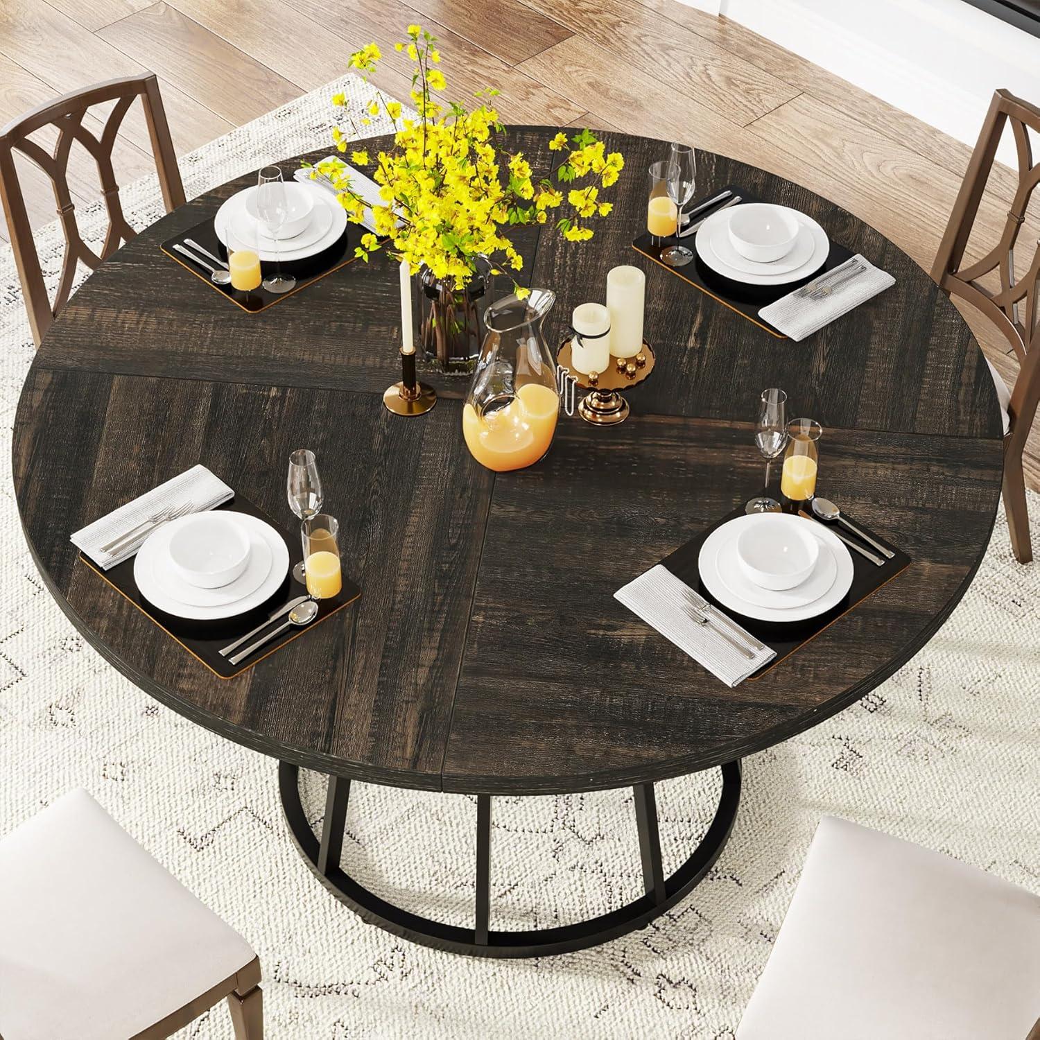 47-Inch Round Brown Wood Dining Table with Black Metal Base