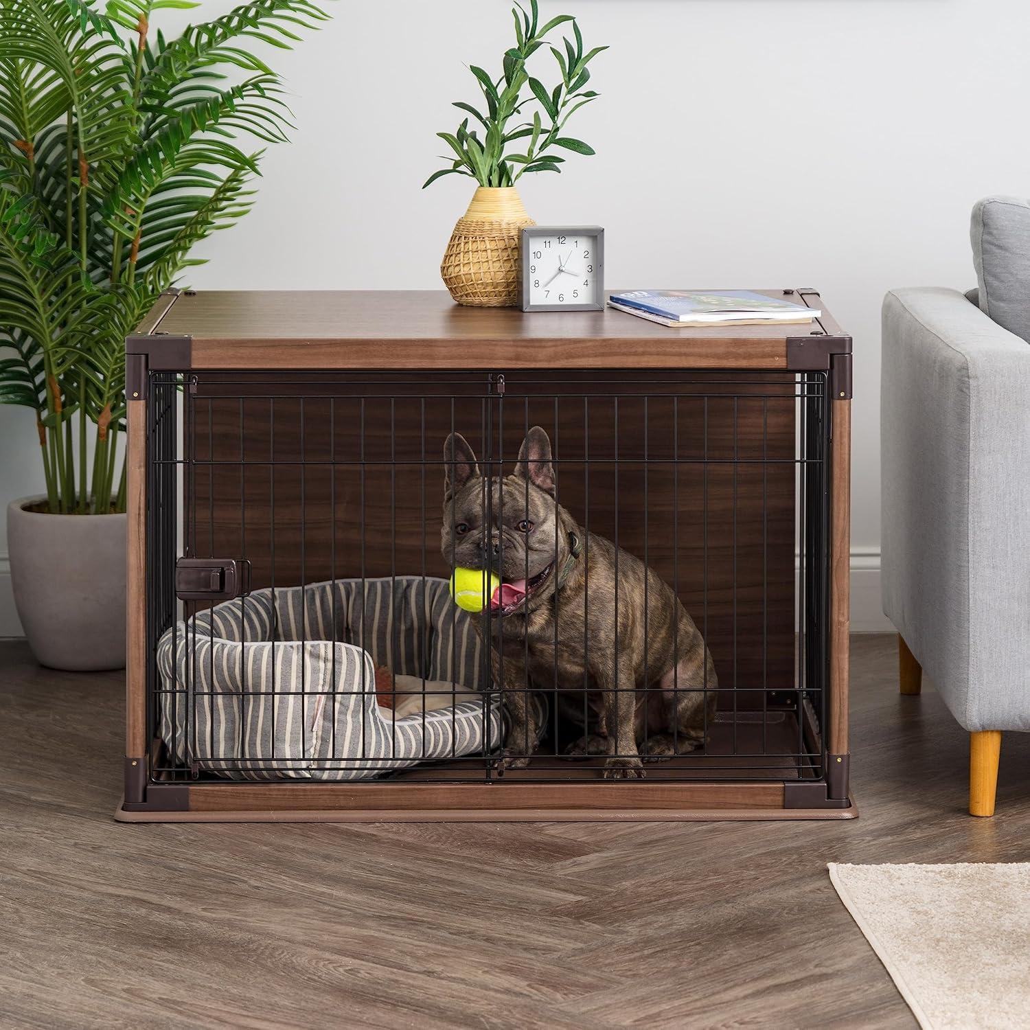 Medium Brown Wooden Dog Crate with Wire Sides