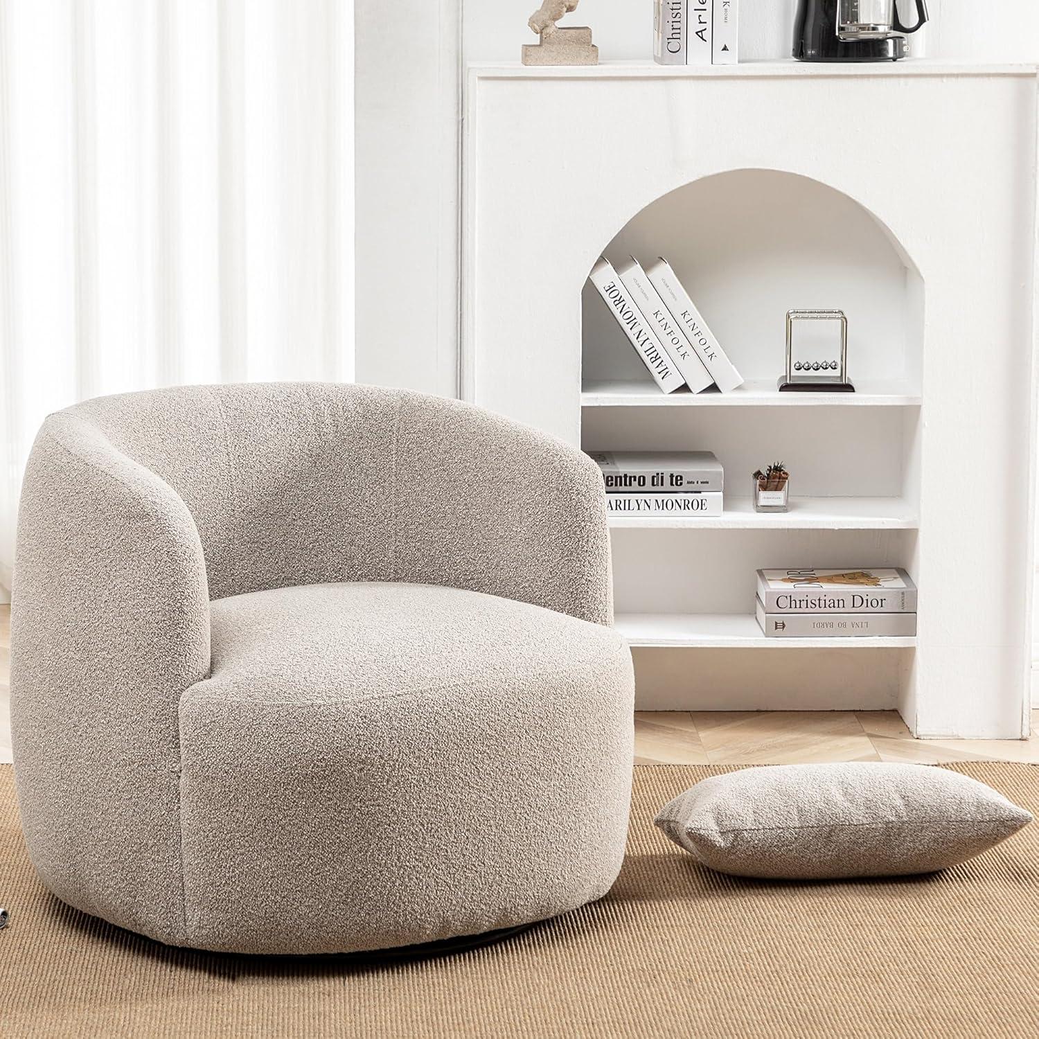 Boucle Upholstered Swivel Armchair Taupe - Kinwell: Pine Frame, 360° Metal Base, 300 lbs Capacity