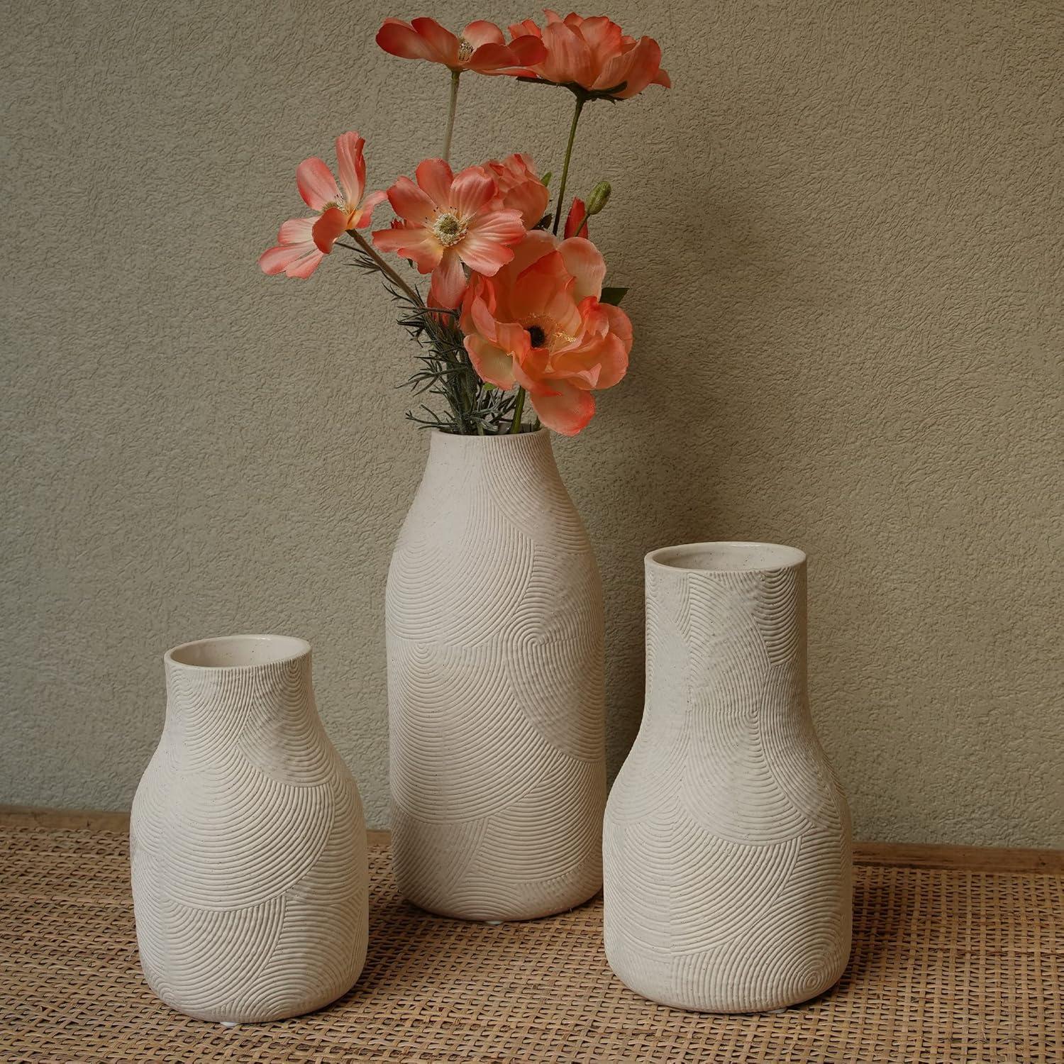 Matte White Textured Ceramic Vase Set of 3