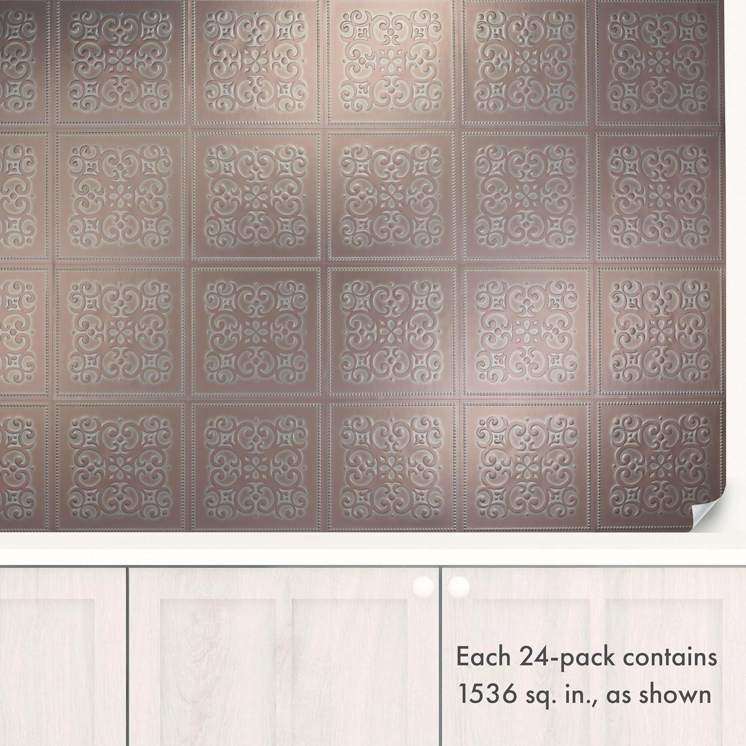 24-Pack of 8" x 8" Paper Peel and Stick Tiles. Embossed Metallic Bronze Patina Copper Backsplash. Removable Wallpaper for Walls, Backsplash, and Art Projects