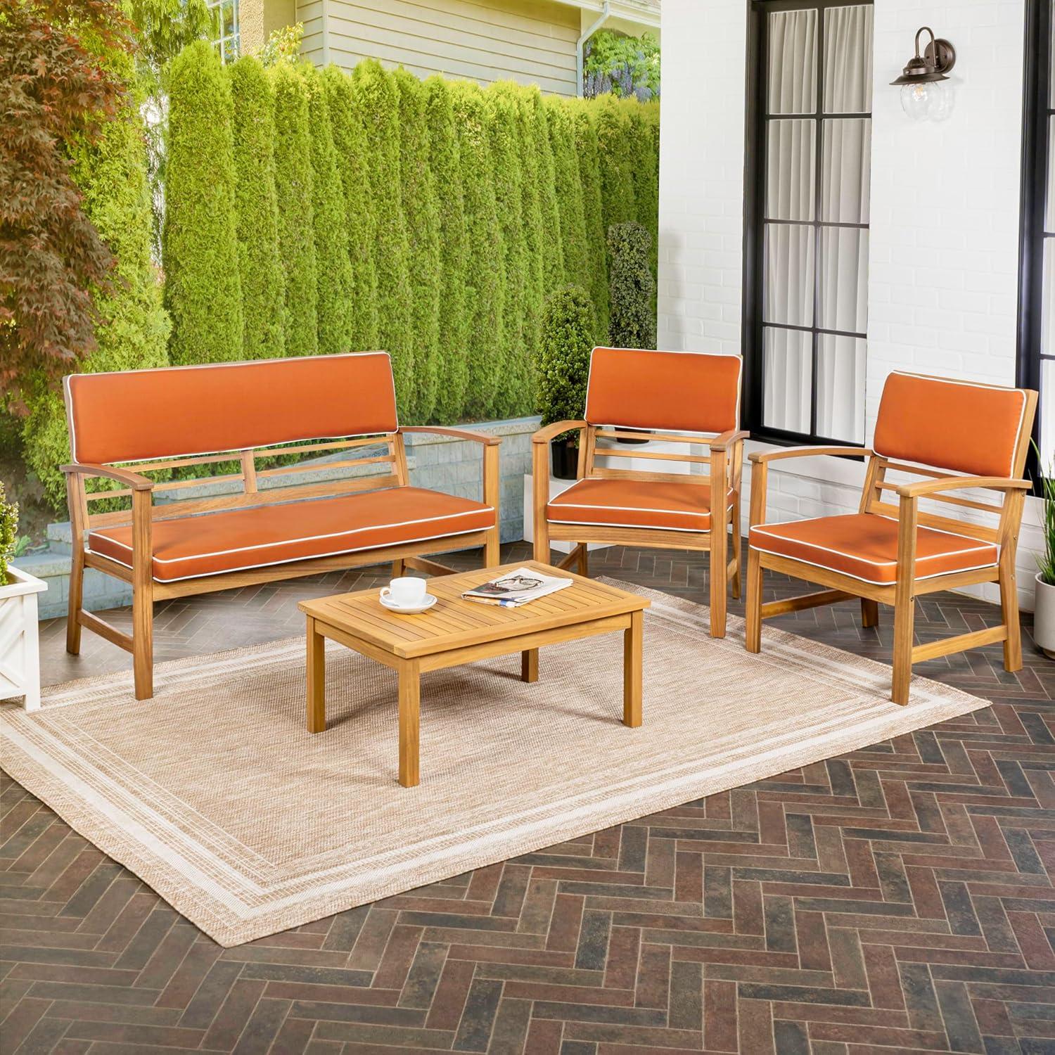 Barclay 4-Piece Modern Coastal Acacia Wood Conversation Outdoor Patio Set with Cushions - JONATHAN Y