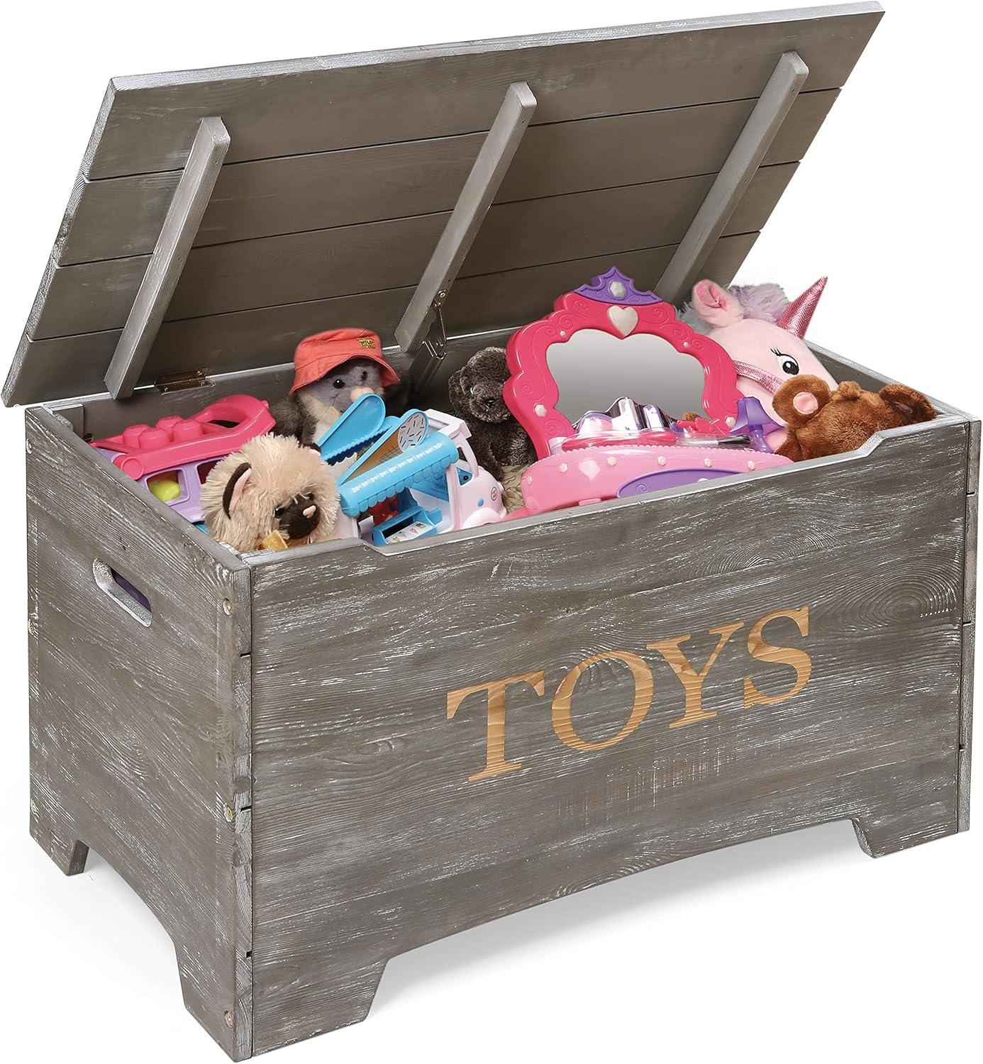 Vintage Gray Solid Wood Rustic Toy Box with Distressed Finish