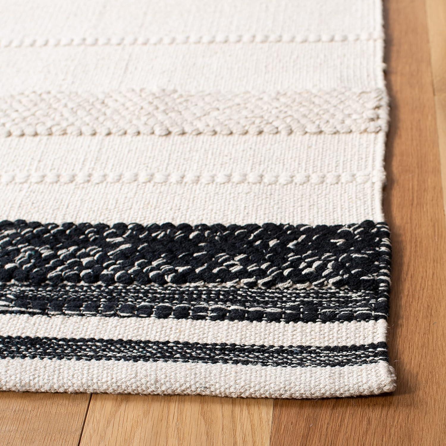 Ivory and Black Striped Square Wool Cotton Rug