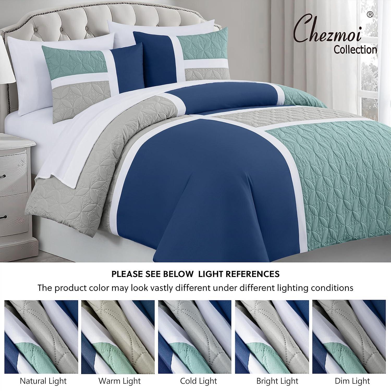 Chezmoi Collection Bernard 7-Piece King Bed in a Bag Comforter Set with Sheets, Lightweight Comforter Navy Blue Gray Patchwork Quilted Medallion Bedding Set for All Season