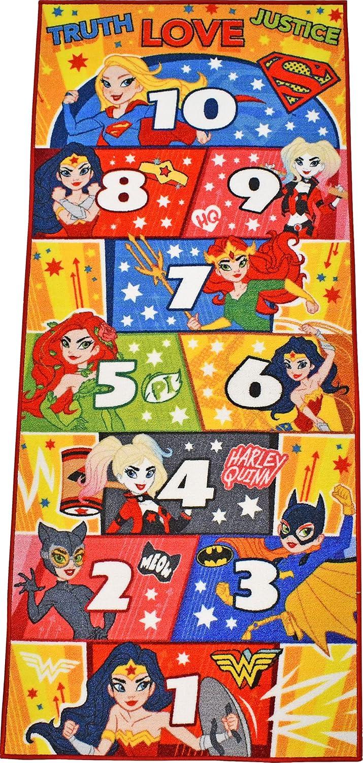 KC CUBS | Justice League Girls Kids Hopscotch Number Counting Educational Learning & Game Play Nursery Bedroom Classroom Rug Carpet, 2' 7" x 6' 0"