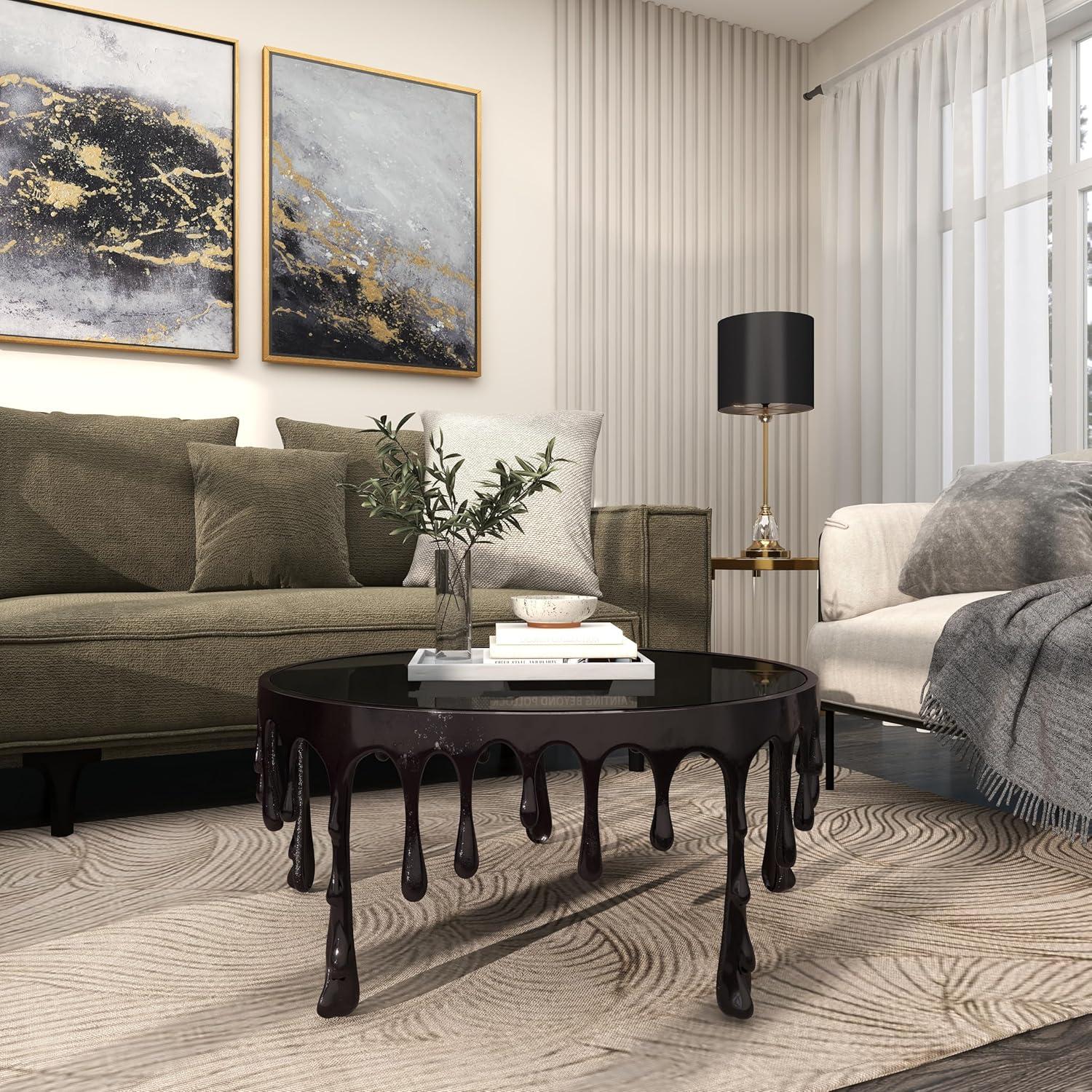 Deco 79 Aluminum Metal Living Room Coffee Table Drip Table with Melting Designed Legs and Shaded Glass Top, Center Table 36" x 36" x 16", Black