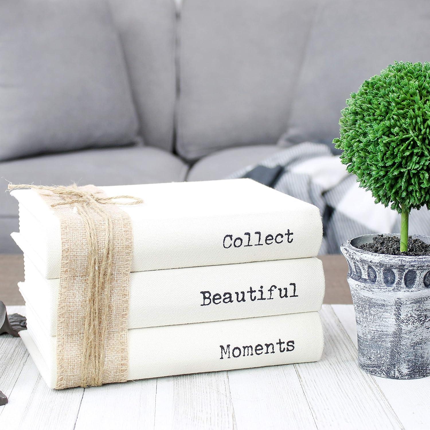 AuldHome Design Faux Book Stack: Collect Beautiful Moments Decorative Hidden Box Set w/ Burlap Ribbon Wrap