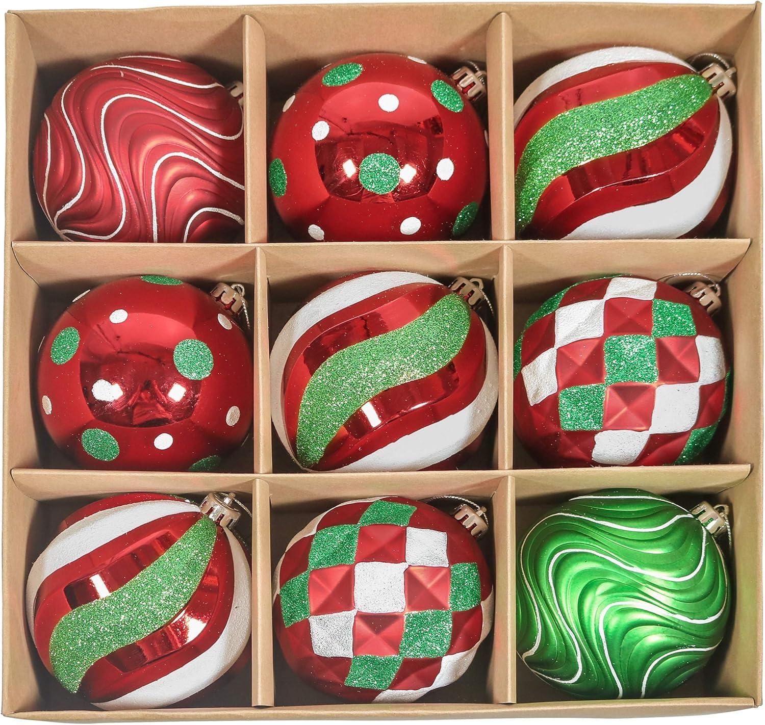 Christmas Tree Ornaments Set, 9Ct Red Green White Shatterproof Christmas Tree Decorations Bulk, 3.94 Inch Whimsical Large Hanging Ball Ornaments For Xmas Trees Holiday Party Decor
