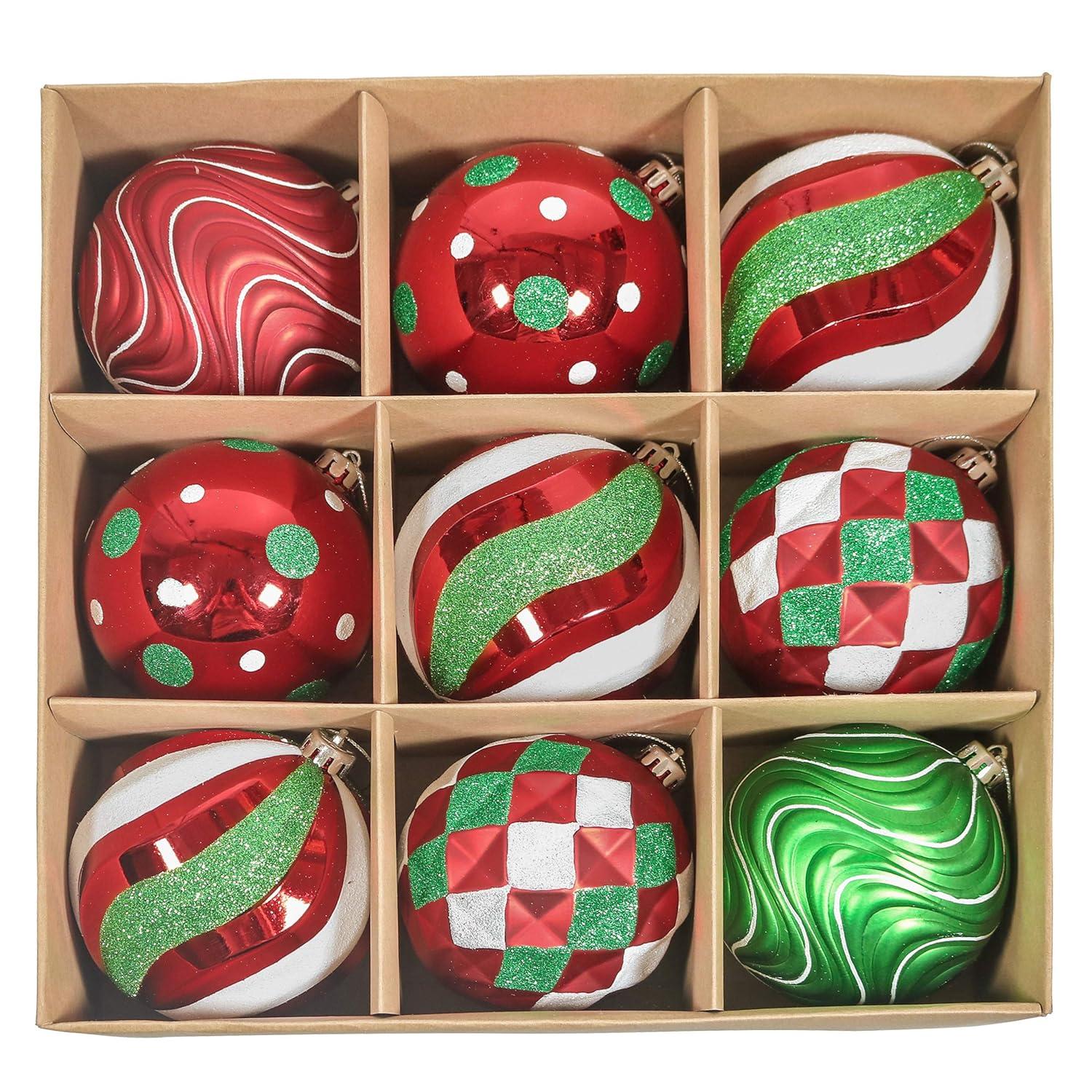 SHIRLEY'S OFFICE FURNITURE, LLC Christmas Tree Ornaments Set, 9Ct Red Green White Shatterproof Christmas Tree Decorations Bulk, 3.94 Inch Whimsical Large Hanging Ball Ornaments For Xmas Trees Holiday Party Decor