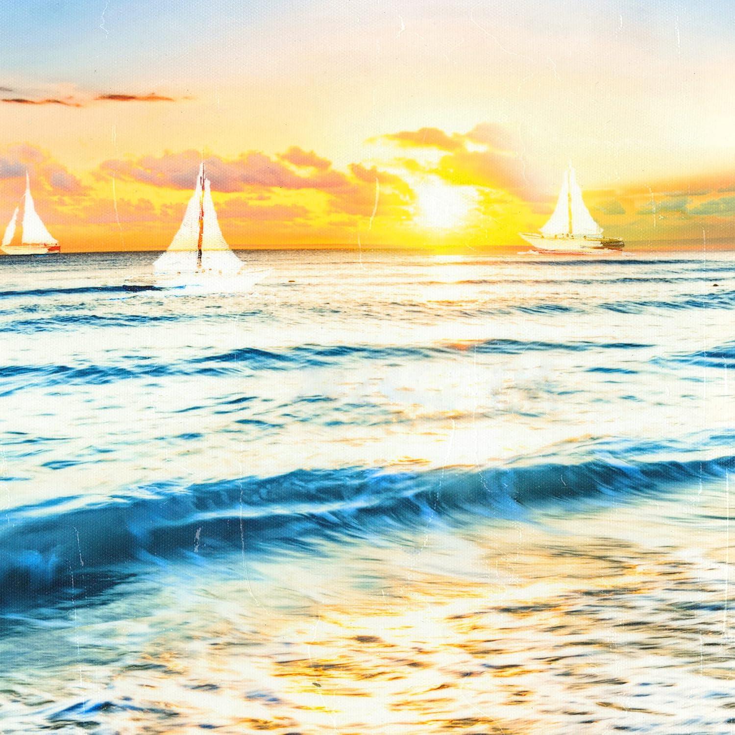 Asdg12s-3 Panel Wall Art Blue Sea Sunset White Beach Painting The Picture Print On Canvas Seascape The Pictures for Home Decor Decoration,Ready to Hang