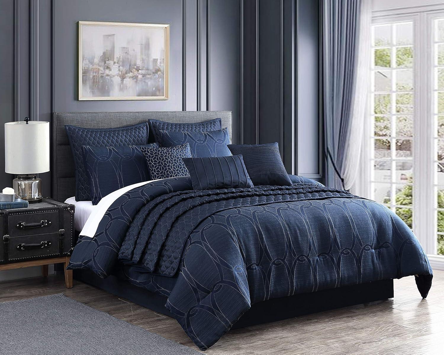 Destiny Dark Blue Geometric Queen Comforter Set