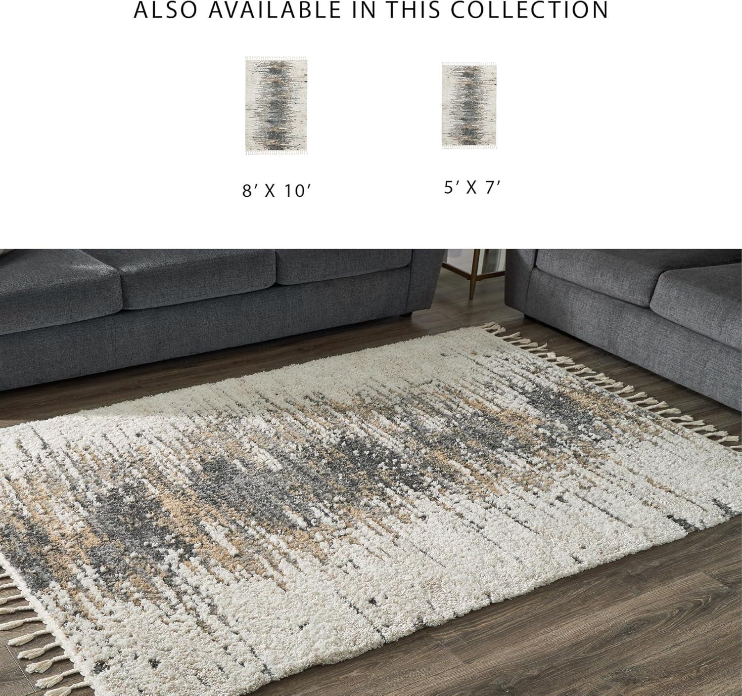 Large Cream and Gray Braided Abstract Synthetic Rug