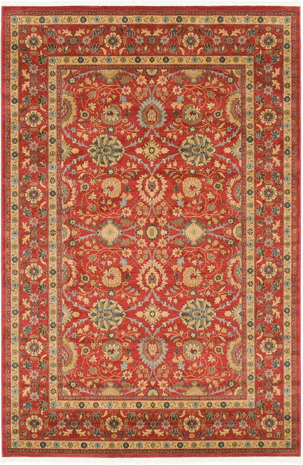 Red Floral Synthetic Rectangular Area Rug with Fringe