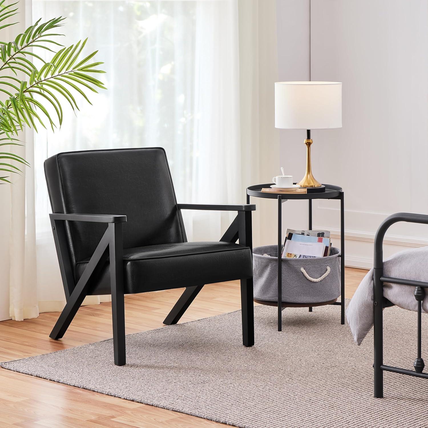 Yaheetech Faux Leather Armchair Accent Chair with Wood Legs for Living Room, Black