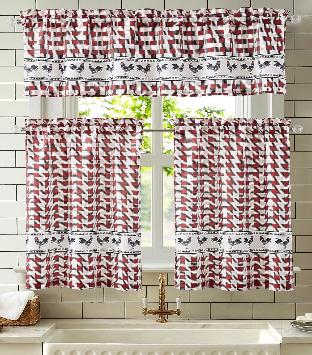 Red Gingham Rooster Print Polyester Kitchen Curtain Set