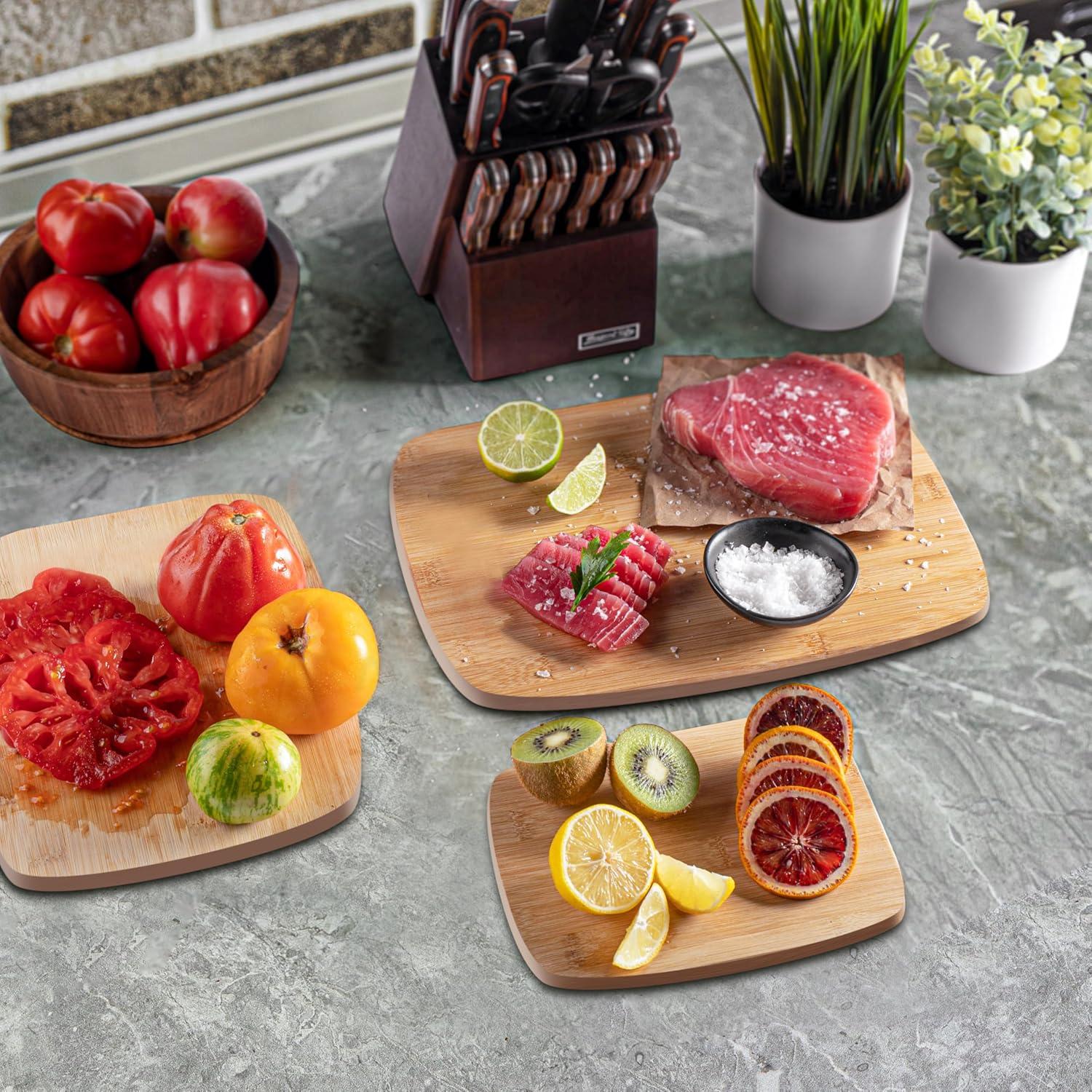 Bamboo Wood Cutting Board Set - Chopping Board with Juice Groove for Meat, Cheese & Vegetables - Butcher Block, Cheese & Charcuterie Board