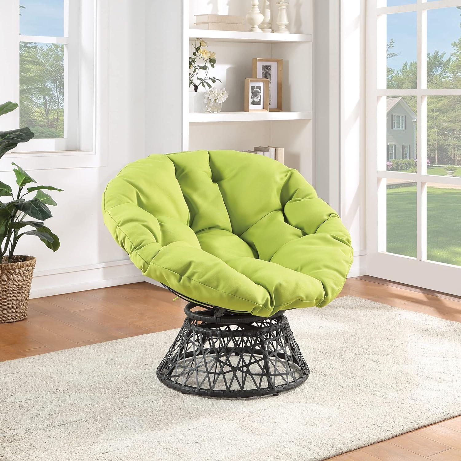 Papasan Chair with Green Fabric cushion and Black Resin Wicker Frame