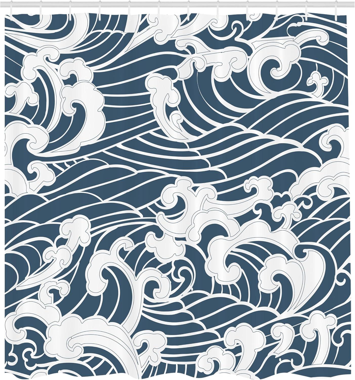 Ambesonne Japanese Wave Shower Curtain, River Storm Retro, 69"Wx70"L, Slate Blue White