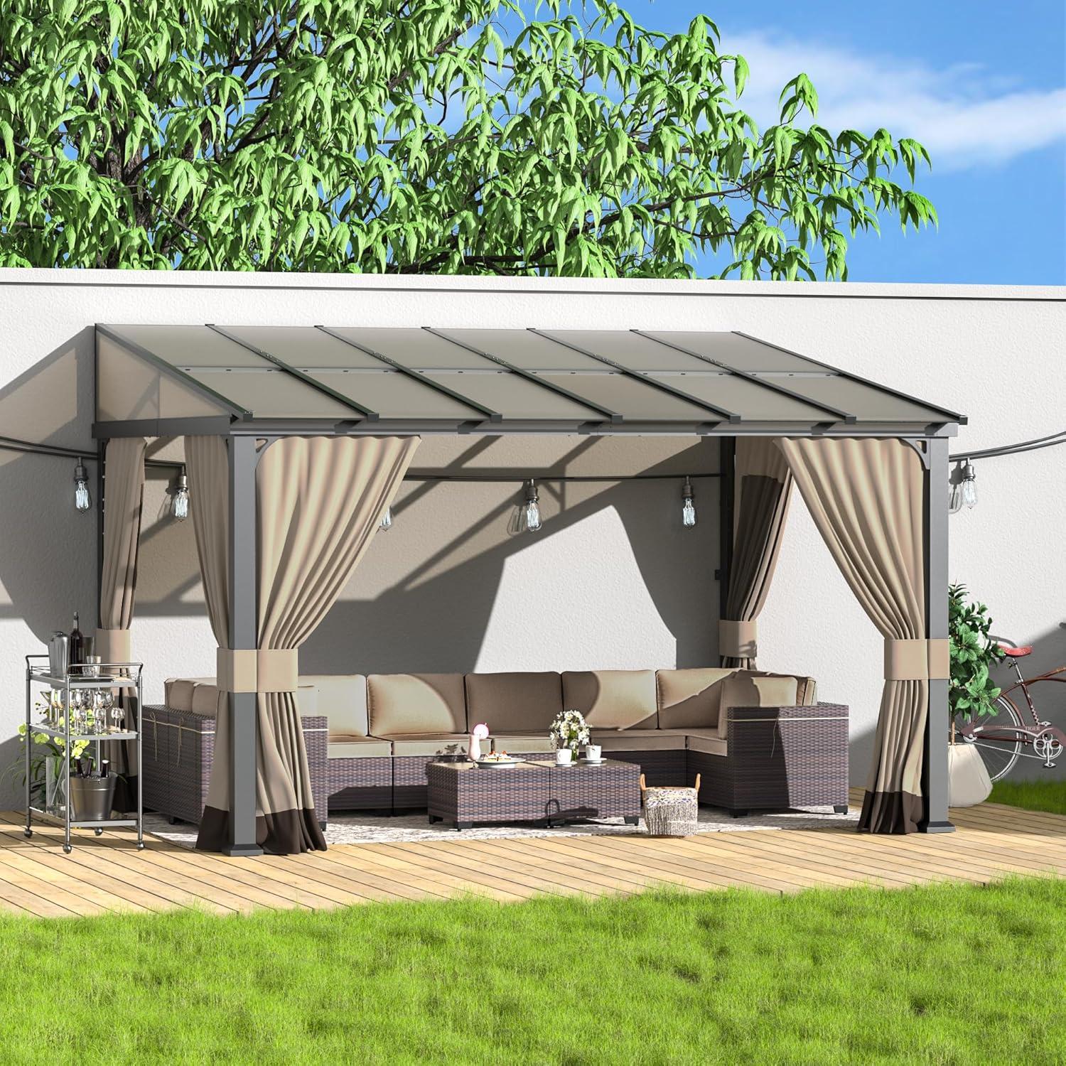 10 ft. x 12 ft. Brown Hardtop Wall Mounted Gazebo with Sloping Pitched Roof and Curtain Sand