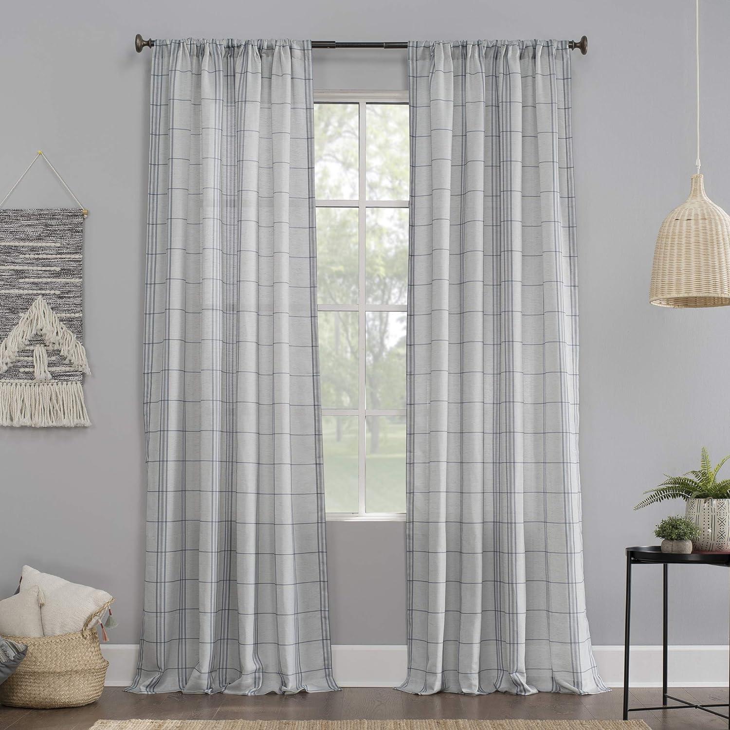 No. 918 Castille Farmhouse Plaid Linen Semi-Sheer Rod Pocket Curtain Panel, 54"x84", Blue