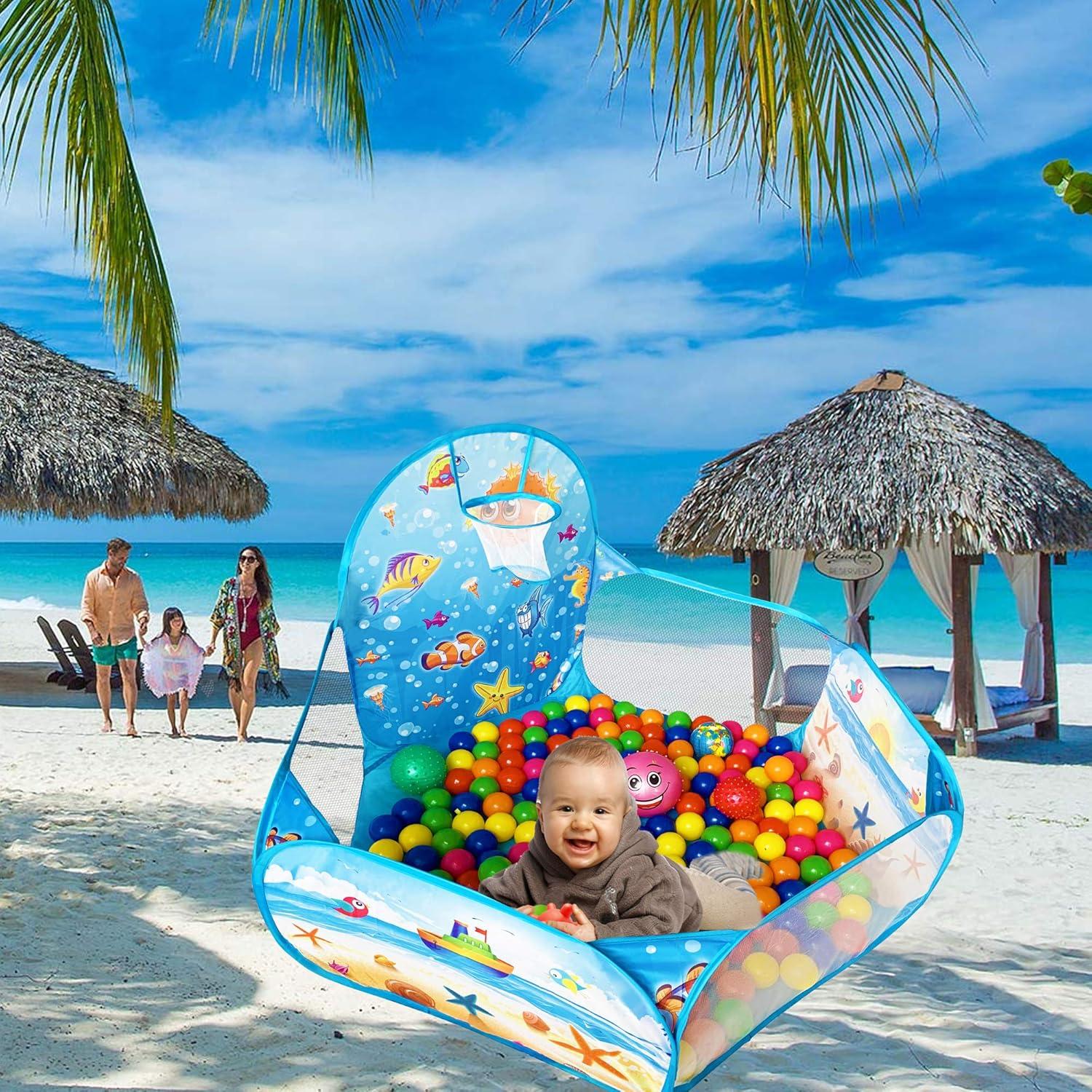 KingBee Ball Pit Pop Up Children Play Tent, Ocean Pool Baby Toddler Playpen with Basketball Hoop - Toys Gifts for Kids Girls Boys 6 Year Old - Balls Not Included (Blue)
