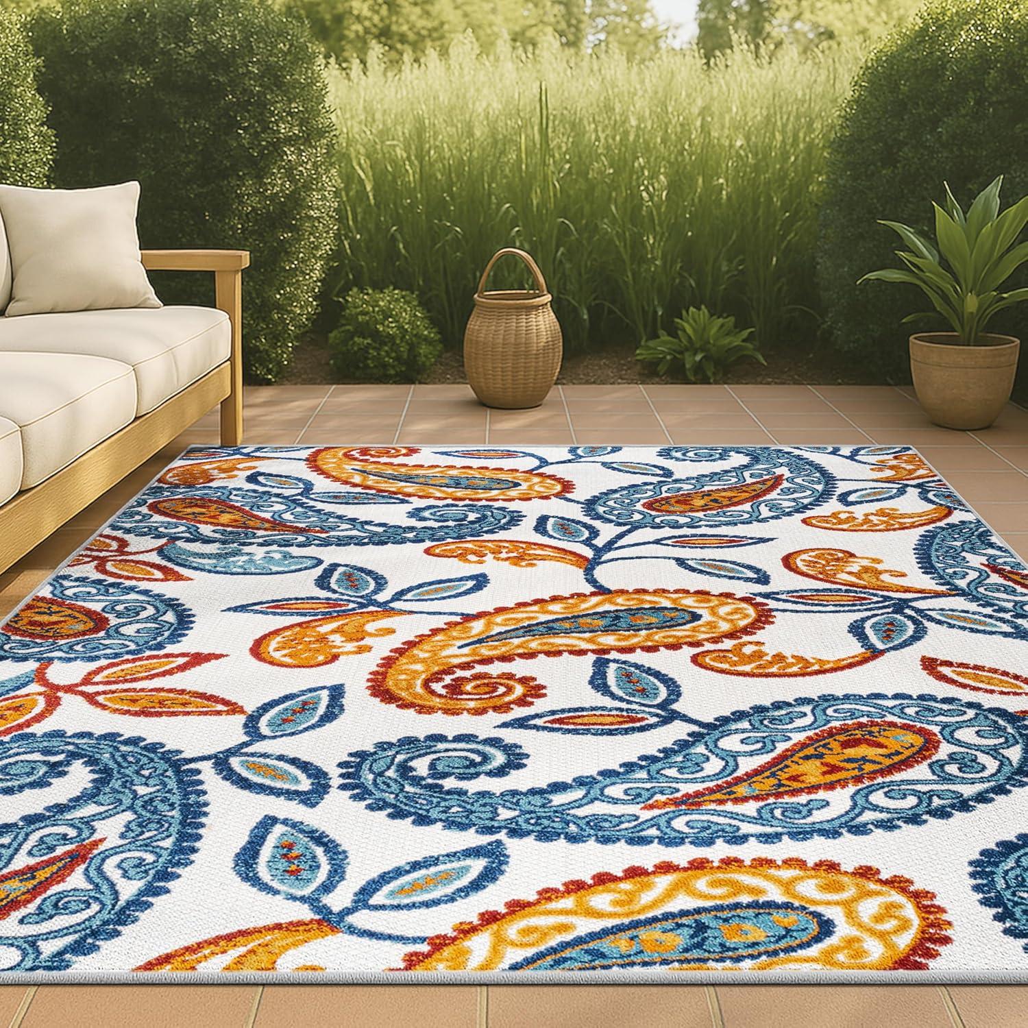 5'x8' Julien Paisley High-Low Indoor/Outdoor Area Rug, Orange/Blue - JONATHAN Y
