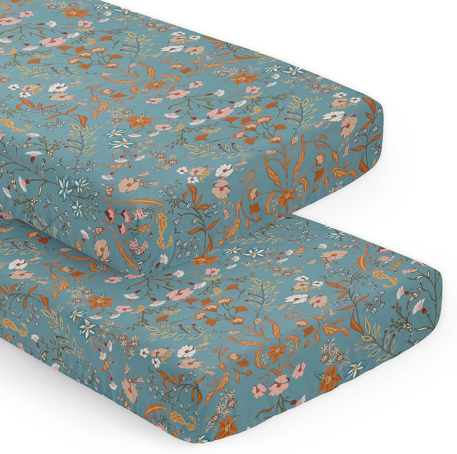 Sweet Jojo Designs Girl Fitted Crib Sheets Set Boho Floral Wildflower Blue Orange and Pink 2pc